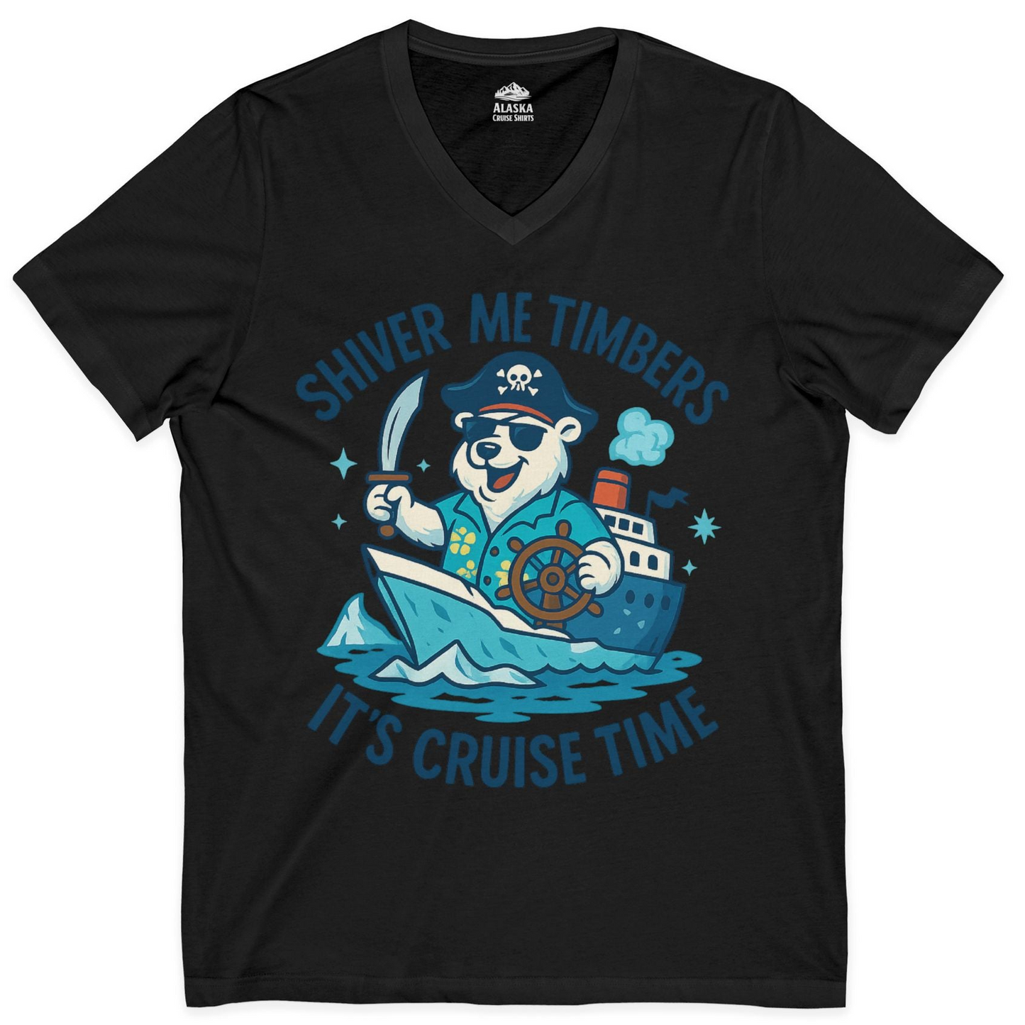 Funny Polar Bear Pirate Cruise Vacation Shirt V-Neck Shirt – Black – Alaska Cruise Shirts