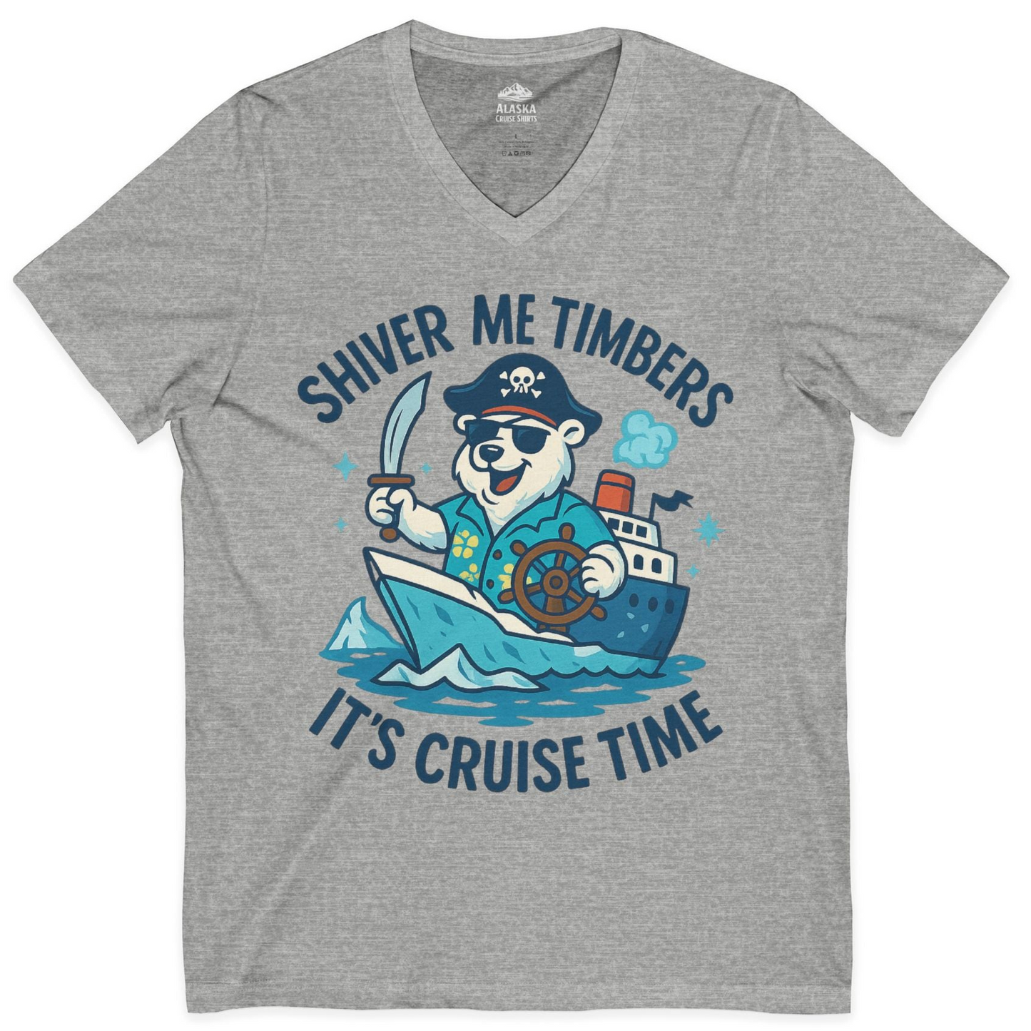 Funny Polar Bear Pirate Cruise Vacation Shirt V-Neck Shirt – Athletic Heather – Alaska Cruise Shirts