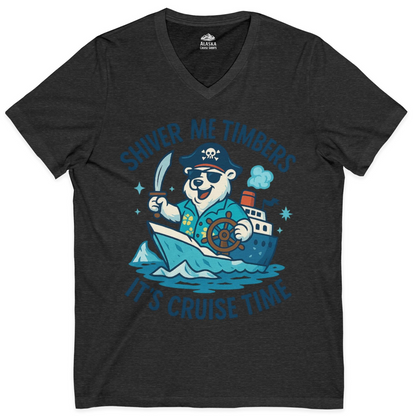 Funny Polar Bear Pirate Cruise Vacation Shirt V-Neck Shirt – Dark Grey Heather – Alaska Cruise Shirts