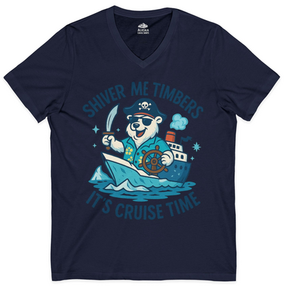 Funny Polar Bear Pirate Cruise Vacation Shirt V-Neck Shirt – Navy – Alaska Cruise Shirts
