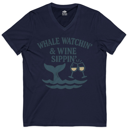 Whale Watching and Wine Sippin Shirt V-Neck Shirt – Navy – Alaska Cruise Shirts