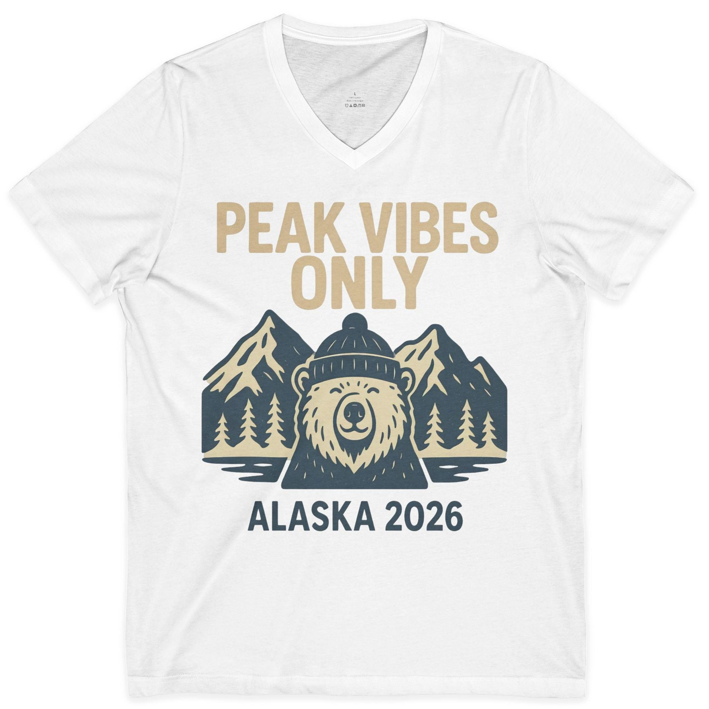 Alaska 2026 Mountain Adventure Bear V-Neck Shirt – White – Alaska Cruise Shirts