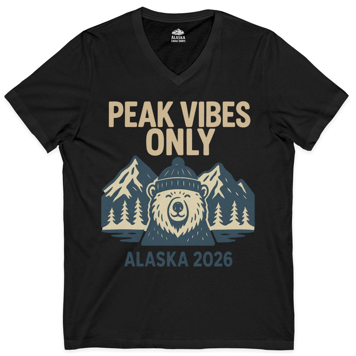 Alaska 2026 Mountain Adventure Bear V-Neck Shirt – Black – Alaska Cruise Shirts