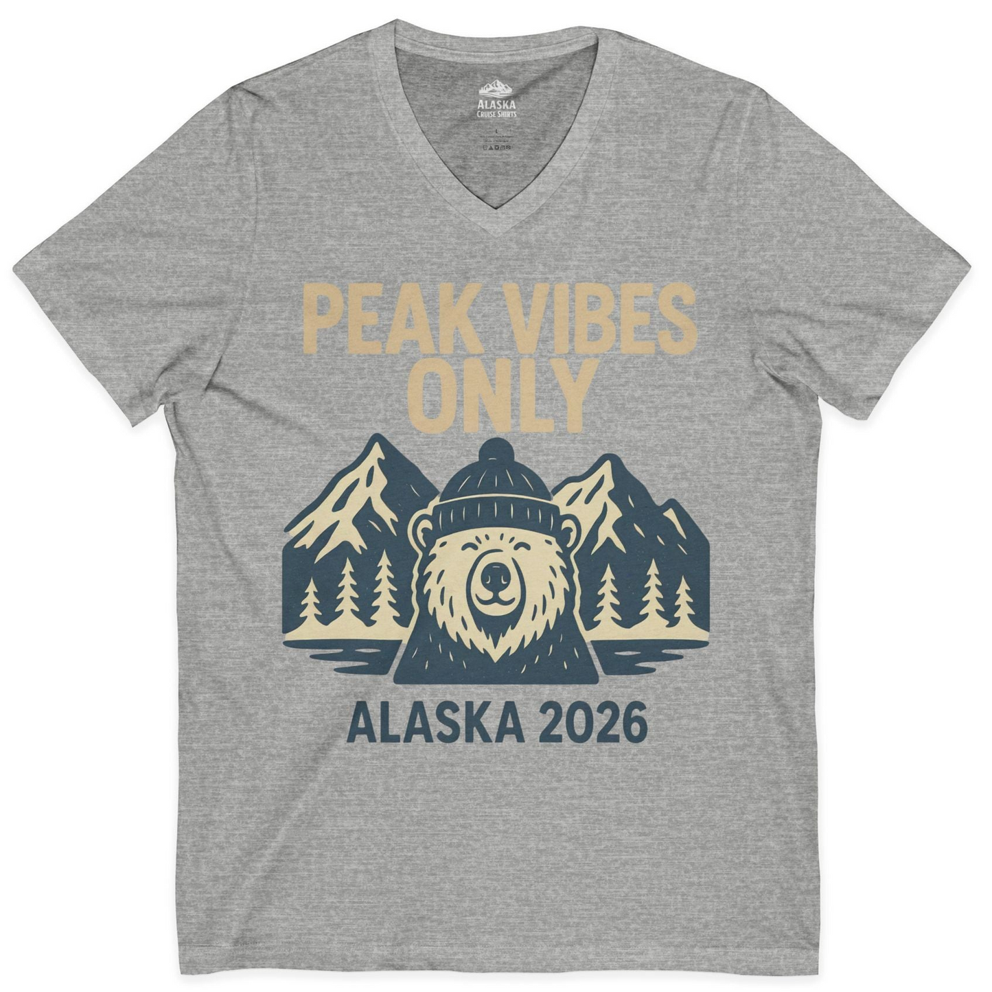 Alaska 2026 Mountain Adventure Bear V-Neck Shirt – Athletic Heather – Alaska Cruise Shirts