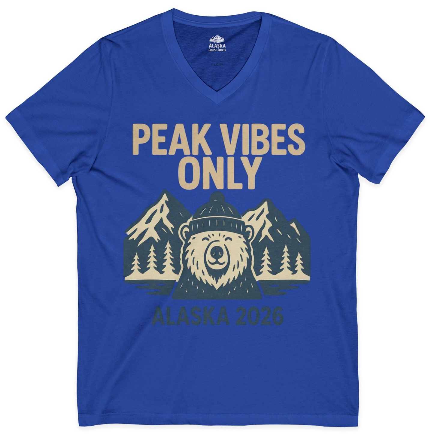 Alaska 2026 Mountain Adventure Bear V-Neck Shirt – True Royal – Alaska Cruise Shirts
