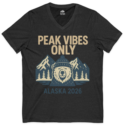Alaska 2026 Mountain Adventure Bear V-Neck Shirt – Dark Grey Heather – Alaska Cruise Shirts