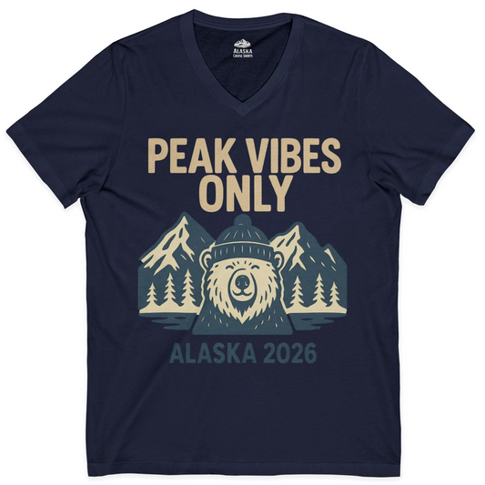 Alaska 2026 Mountain Adventure Bear V-Neck Shirt – Navy – Alaska Cruise Shirts