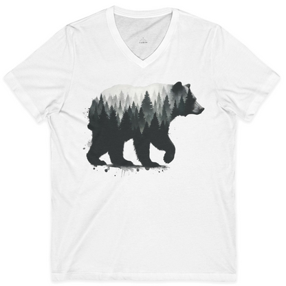 Bear Silhouette Forest Double Exposure Shirt V-Neck Shirt – White – Alaska Cruise Shirts