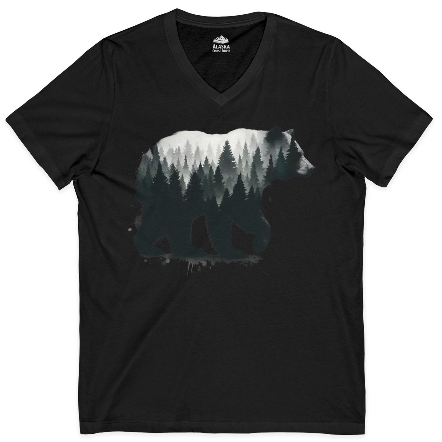 Bear Silhouette Forest Double Exposure Shirt V-Neck Shirt – Black – Alaska Cruise Shirts