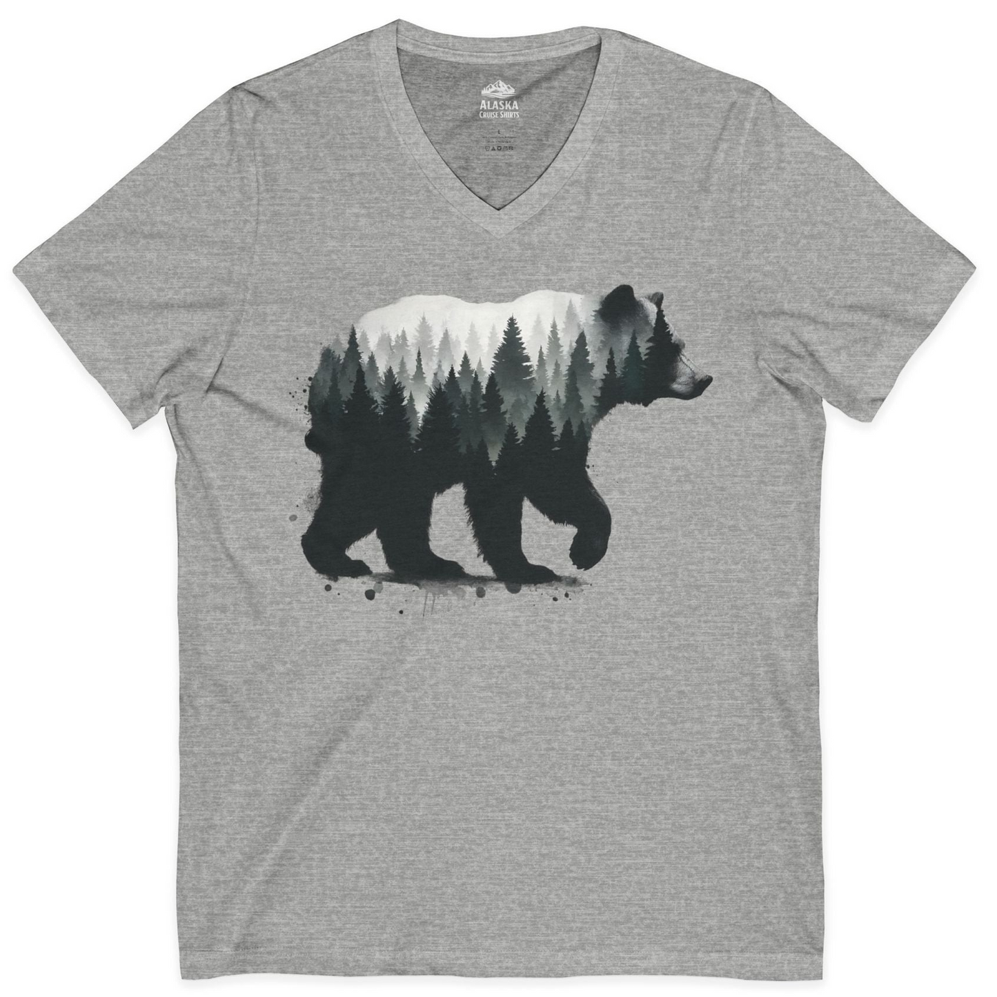 Bear Silhouette Forest Double Exposure Shirt V-Neck Shirt – Athletic Heather – Alaska Cruise Shirts