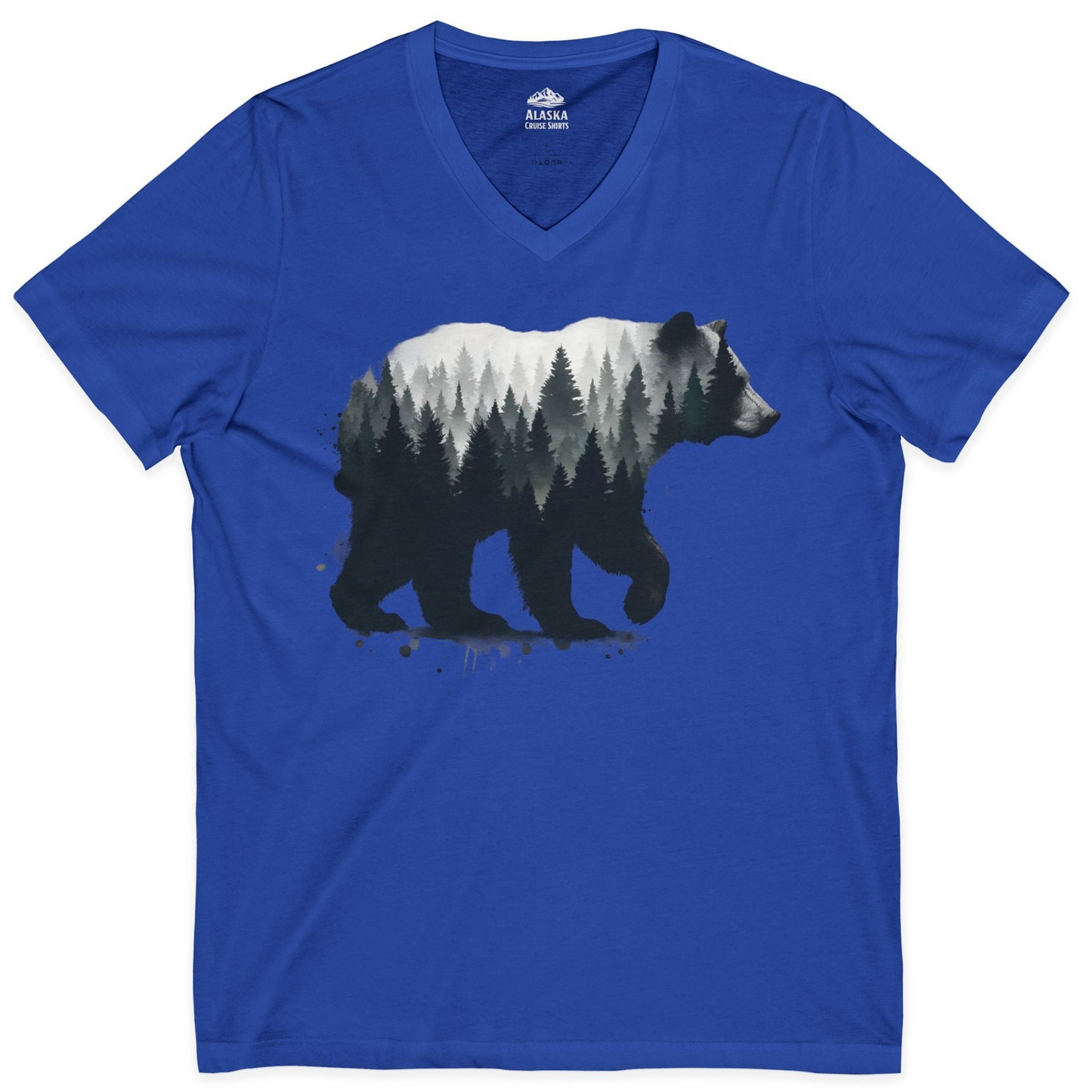 Bear Silhouette Forest Double Exposure Shirt V-Neck Shirt – True Royal – Alaska Cruise Shirts