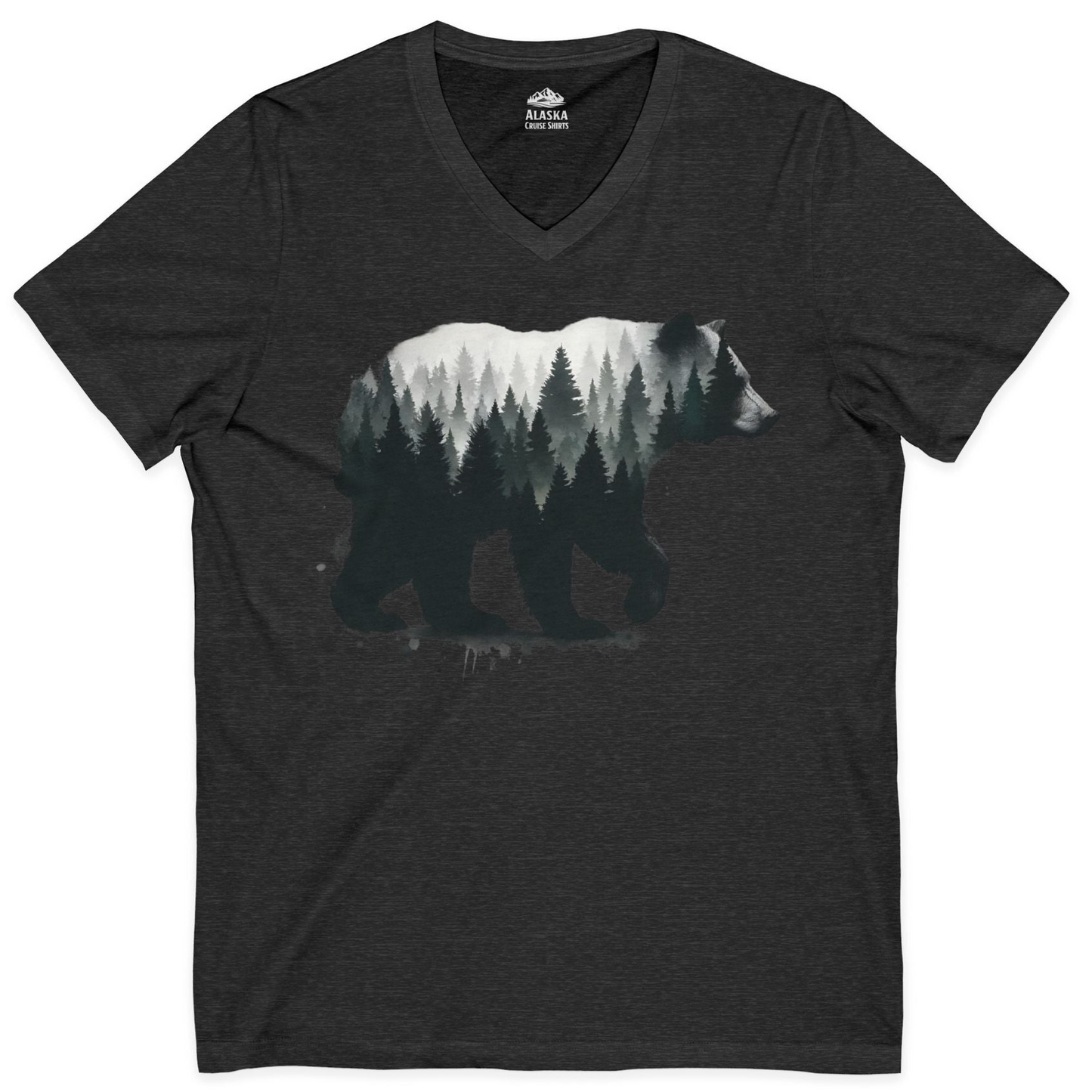 Bear Silhouette Forest Double Exposure Shirt V-Neck Shirt – Dark Grey Heather – Alaska Cruise Shirts