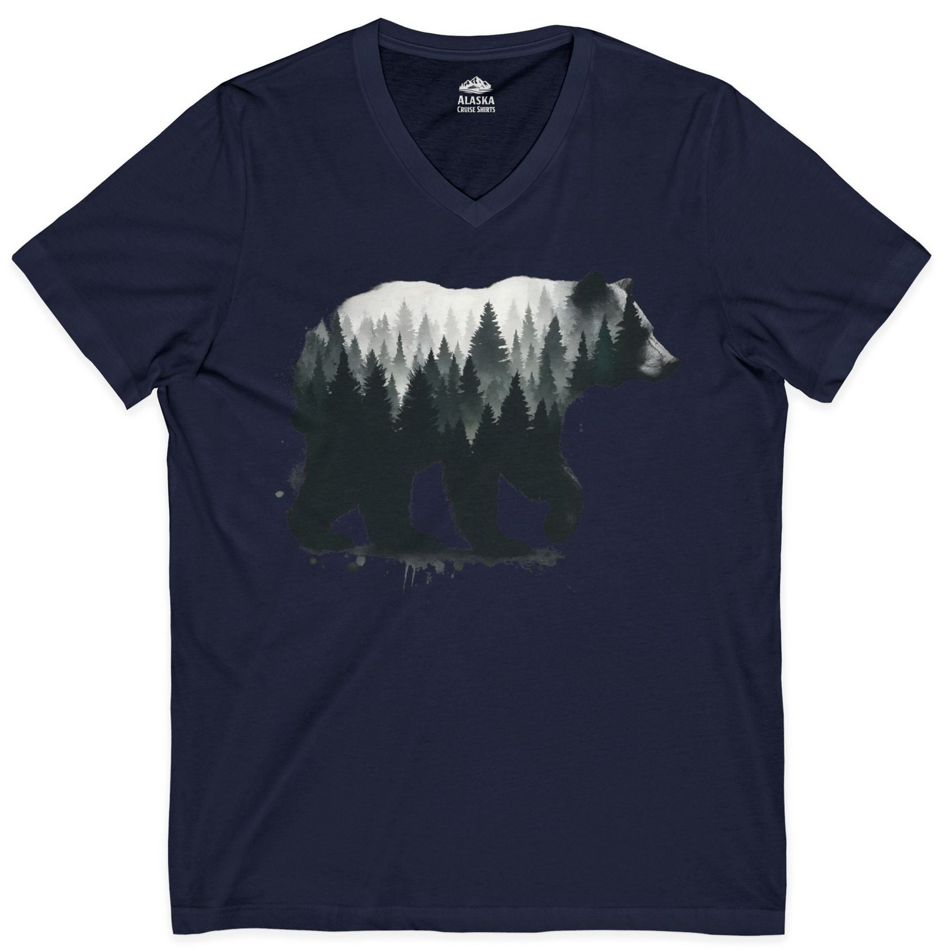 Bear Silhouette Forest Double Exposure Shirt V-Neck Shirt – Navy – Alaska Cruise Shirts