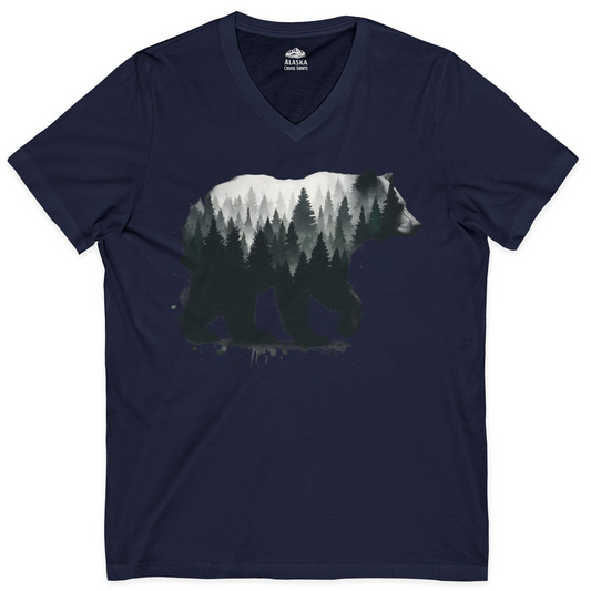 Bear Silhouette Forest Double Exposure Shirt V-Neck Shirt – Navy – Alaska Cruise Shirts