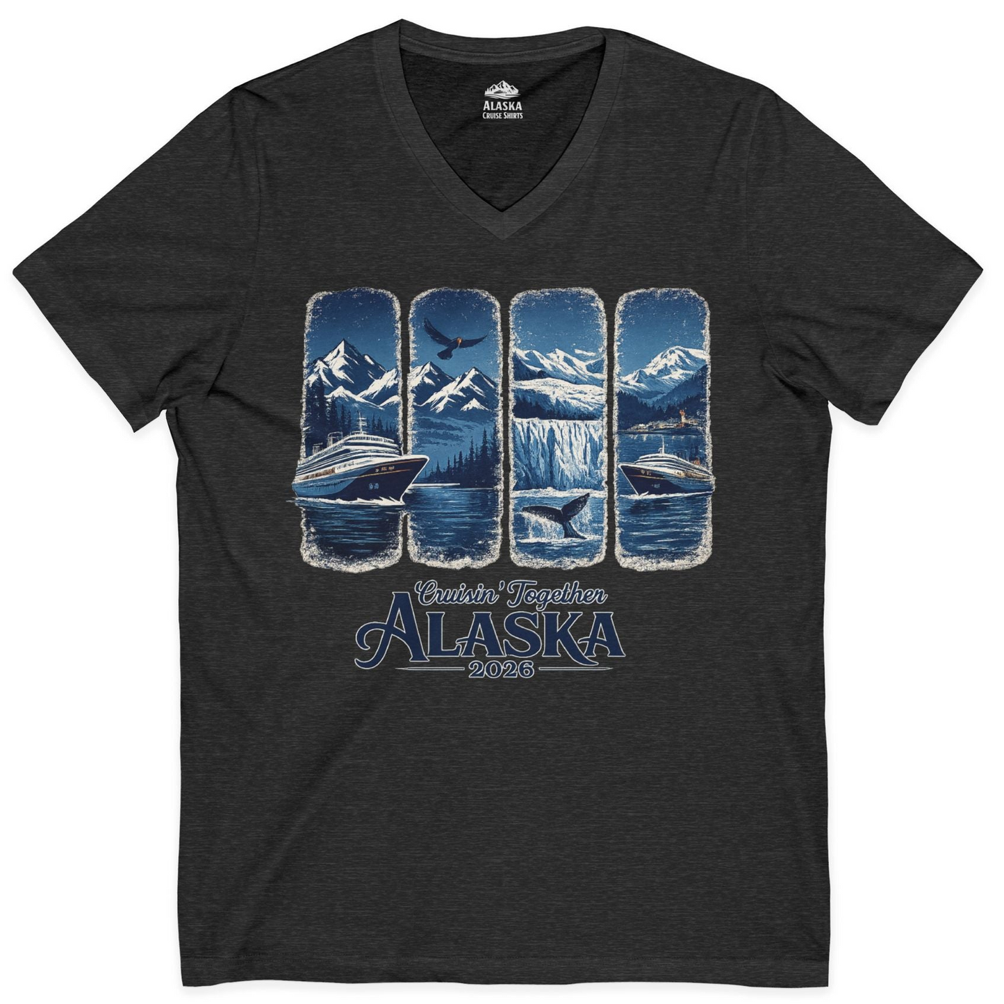 Alaska Cruise Adventure Shirt V-Neck Shirt – Dark Grey Heather – Alaska Cruise Shirts