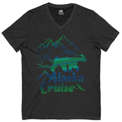 Alaska Cruise Bear Mountains Silhouette Shirt V-Neck Shirt – Dark Grey Heather – Alaska Cruise Shirts