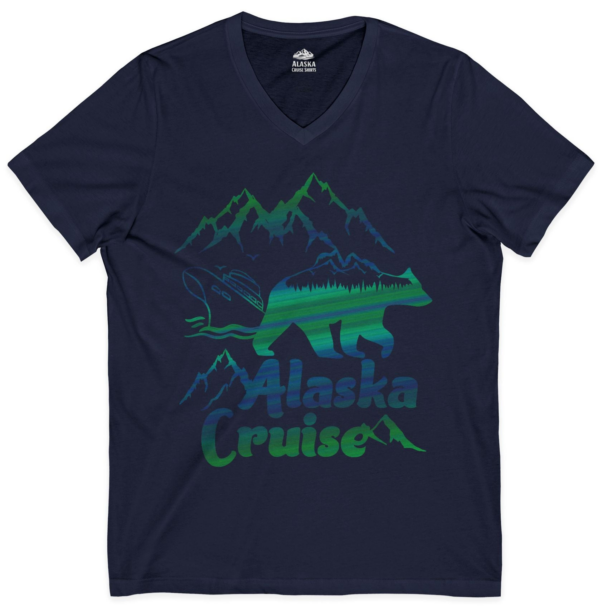 Alaska Cruise Bear Mountains Silhouette Shirt V-Neck Shirt – Navy – Alaska Cruise Shirts