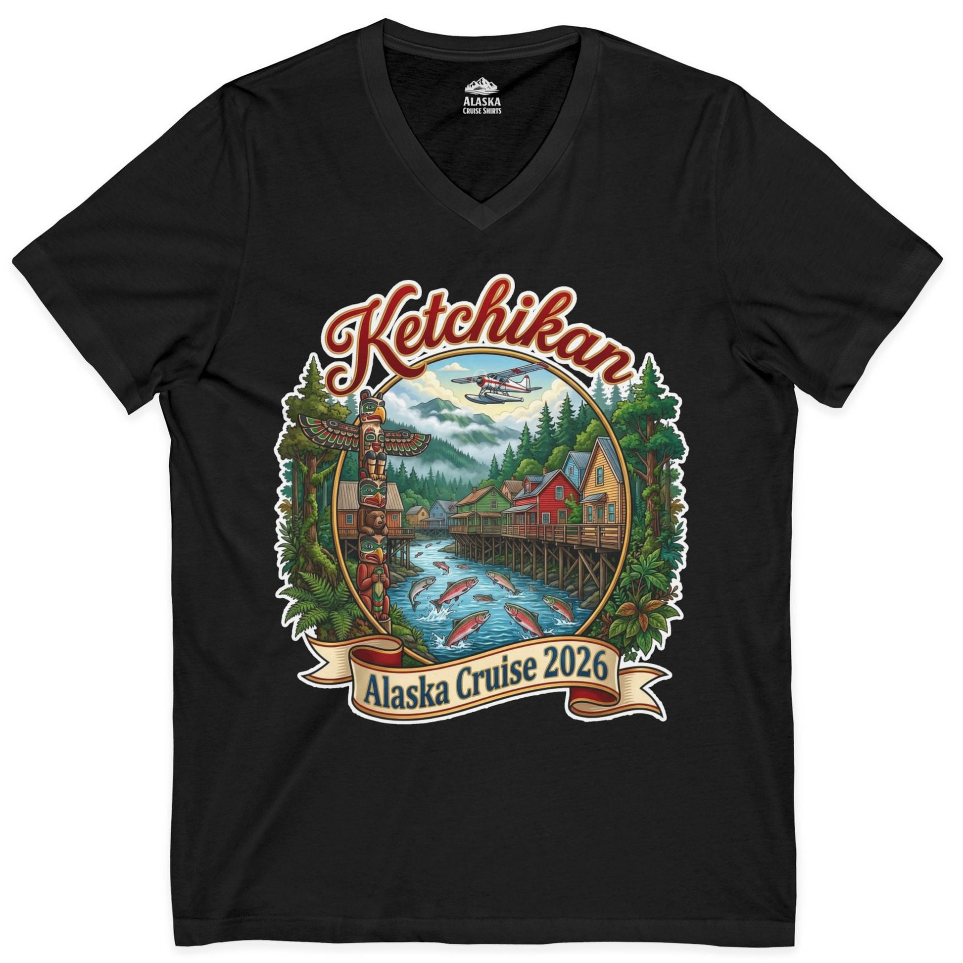 Ketchikan Alaska Cruise 2026 Vintage Souvenir Vacation Shirt — V-Neck V-Neck Shirt – Black – Alaska Cruise Shirts