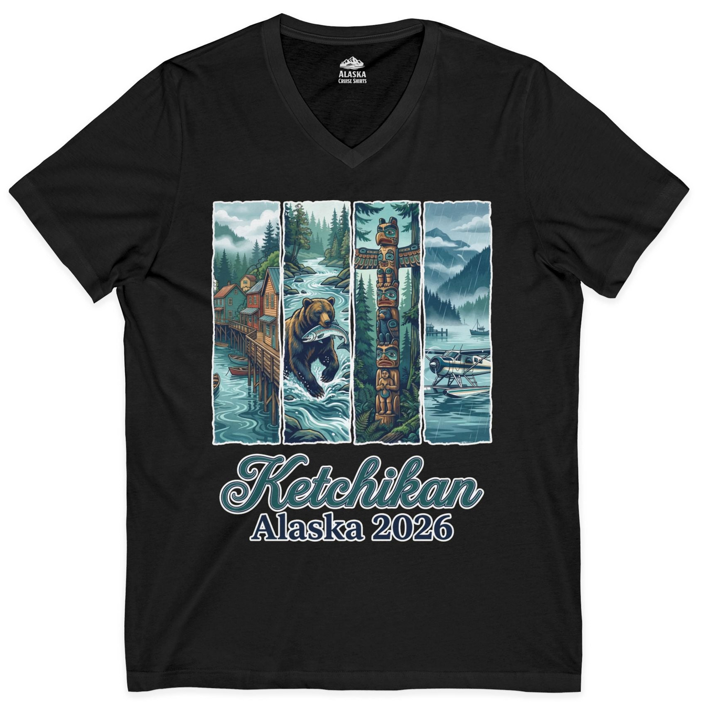 Ketchikan Alaska 2026 Scenic Nature and Totem Pole Art T-Shirt — V-Neck V-Neck Shirt – Black – Alaska Cruise Shirts