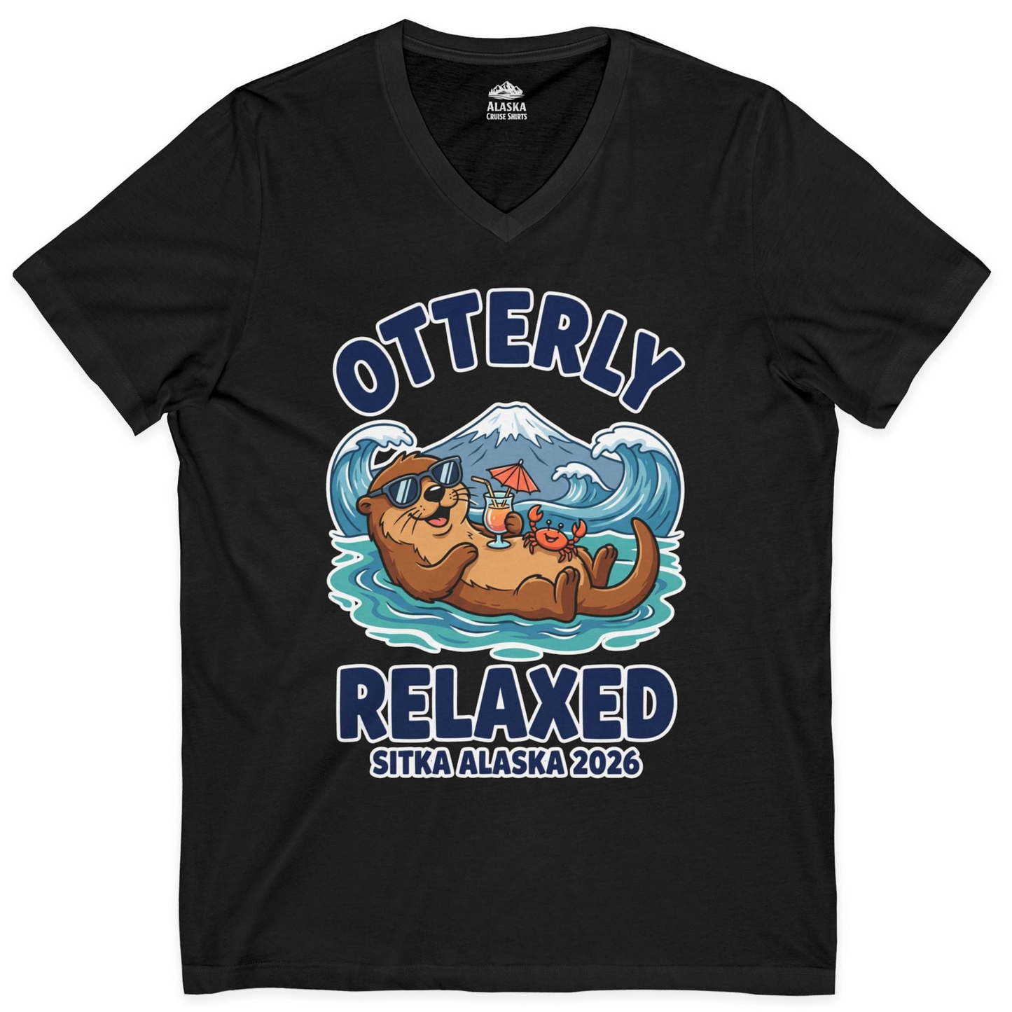 Otterly Relaxed Sitka Alaska 2026 Vacation Souvenir Shirt — V-Neck V-Neck Shirt – Black – Alaska Cruise Shirts