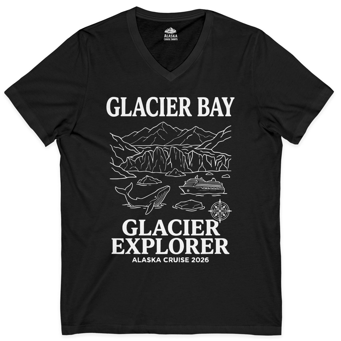 Glacier Bay Alaska Cruise 2026 Glacier Explorer Souvenir Shirt — V-Neck V-Neck Shirt – Black – Alaska Cruise Shirts