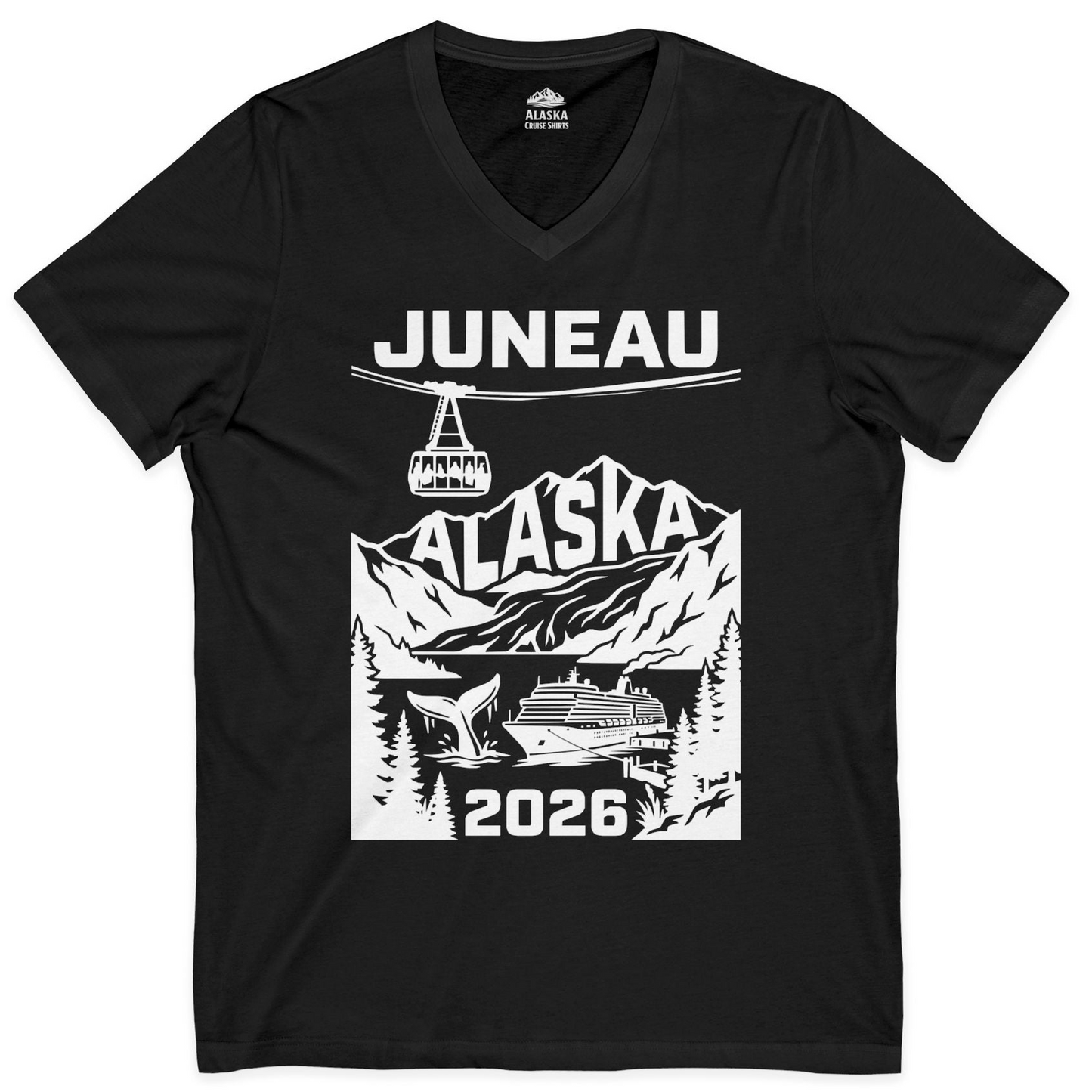Juneau Alaska Cruise 2026 Scenic Whale and Cable Car Shirt — V-Neck V-Neck Shirt – Black – Alaska Cruise Shirts