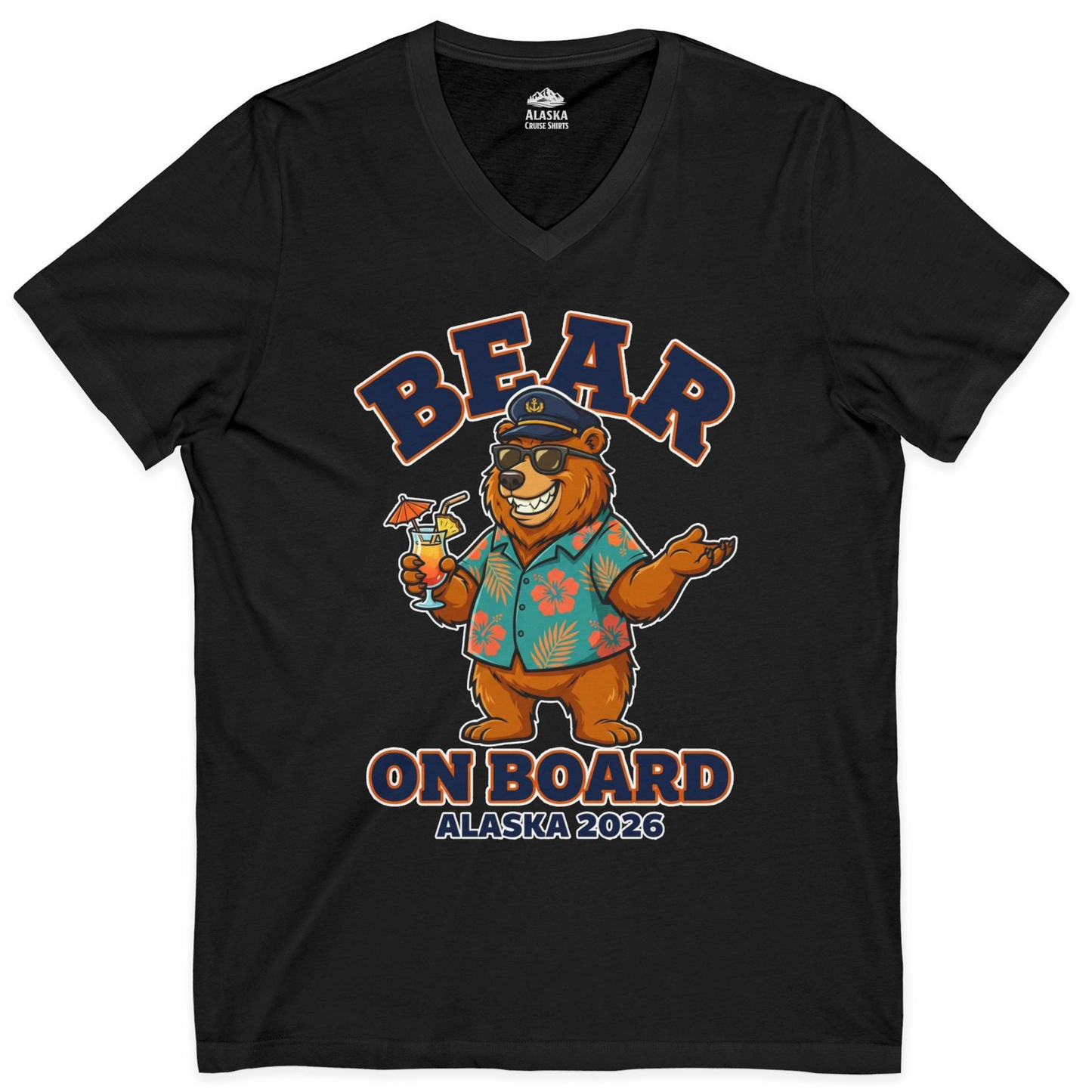Bear On Board Alaska 2026 Funny Tropical Cruise T-Shirt — V-Neck V-Neck Shirt – Black – Alaska Cruise Shirts