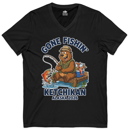 Gone Fishin Ketchikan Alaska 2026 Cartoon Bear Souvenir Shirt — V-Neck V-Neck Shirt – Black – Alaska Cruise Shirts