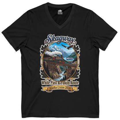 Skagway Alaska Cruise Shirt White Pass Yukon Route 2026 Souvenir — V-Neck V-Neck Shirt – Black – Alaska Cruise Shirts