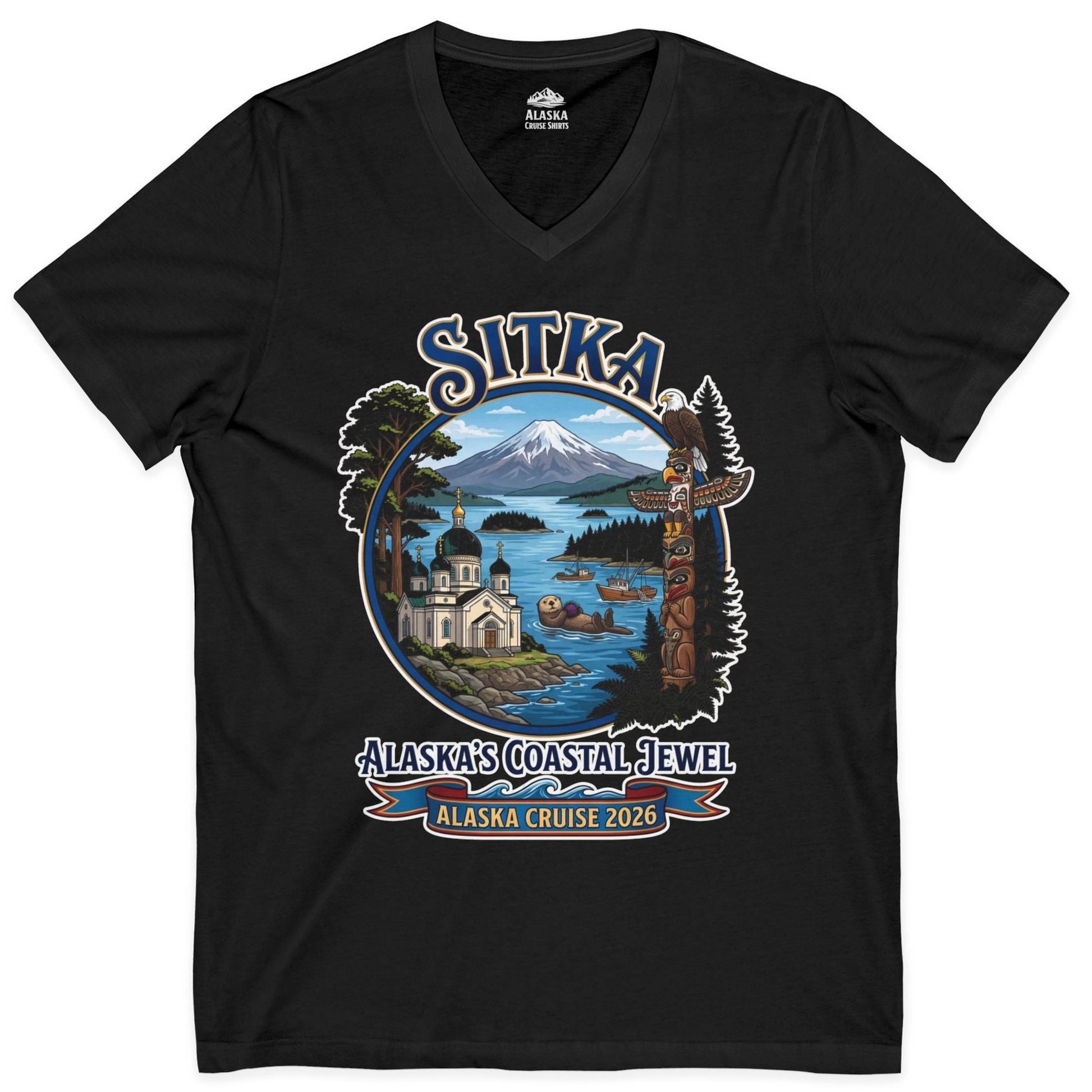 Sitka Alaska Cruise 2026 Alaska's Coastal Jewel Travel Souvenir Shirt — V-Neck V-Neck Shirt – Black – Alaska Cruise Shirts