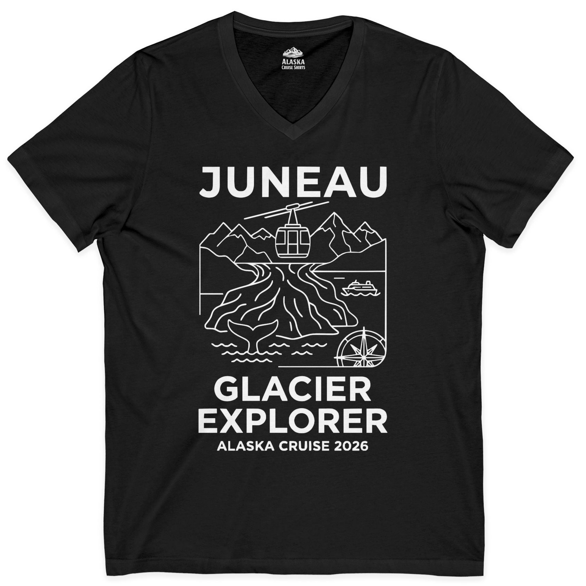 Juneau Glacier Explorer Alaska Cruise 2026 Adventure Shirt — V-Neck V-Neck Shirt – Black – Alaska Cruise Shirts