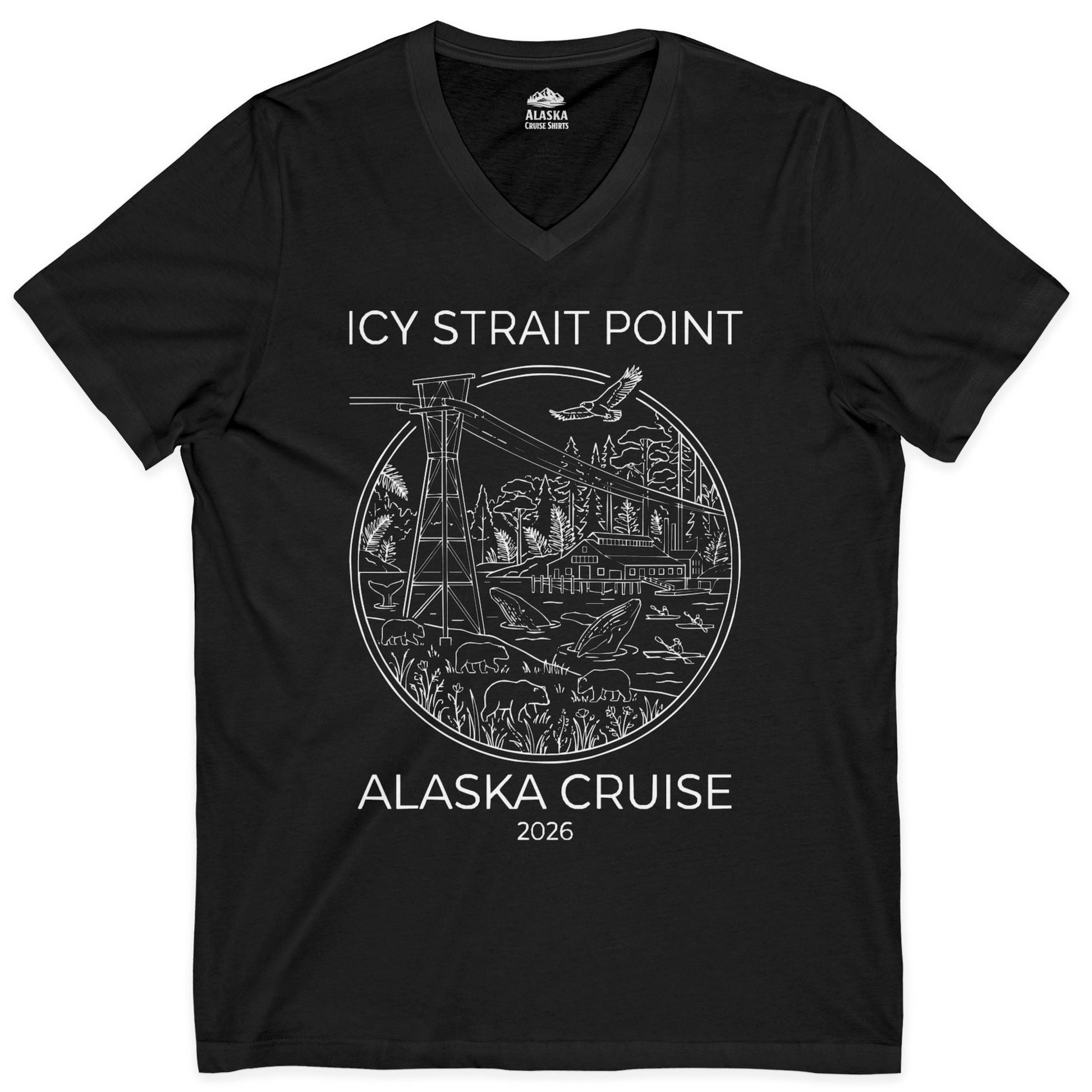 Icy Strait Point Alaska Cruise 2026 Nature Adventure T-Shirt — V-Neck V-Neck Shirt – Black – Alaska Cruise Shirts