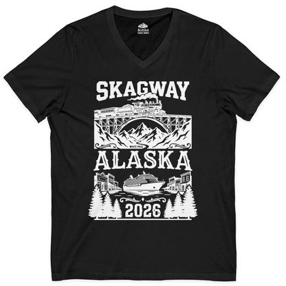 Skagway Alaska Cruise 2026 Shirt with Train and Mountains — V-Neck V-Neck Shirt – Black – Alaska Cruise Shirts