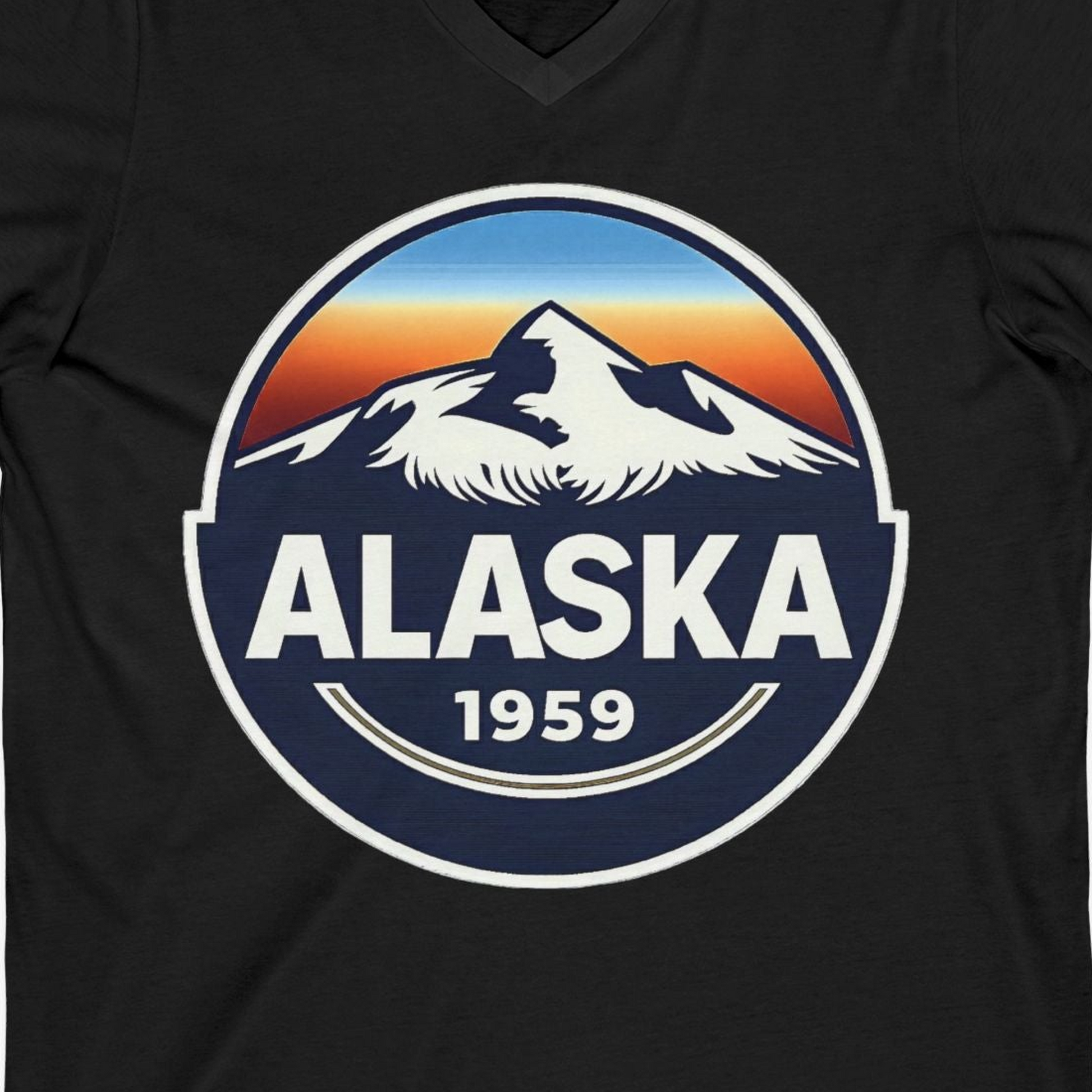 Alaska 1959 Retro Mountain Sunset Badge Shirt Vintage Statehood Tee — V-Neck V-Neck Shirt – Black – Alaska Cruise Shirts Close Up