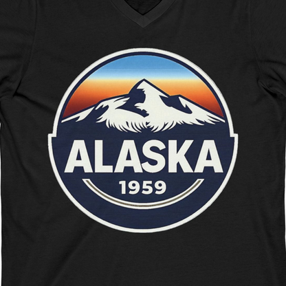 Alaska 1959 Retro Mountain Sunset Badge Shirt Vintage Statehood Tee — V-Neck V-Neck Shirt – Black – Alaska Cruise Shirts Close Up