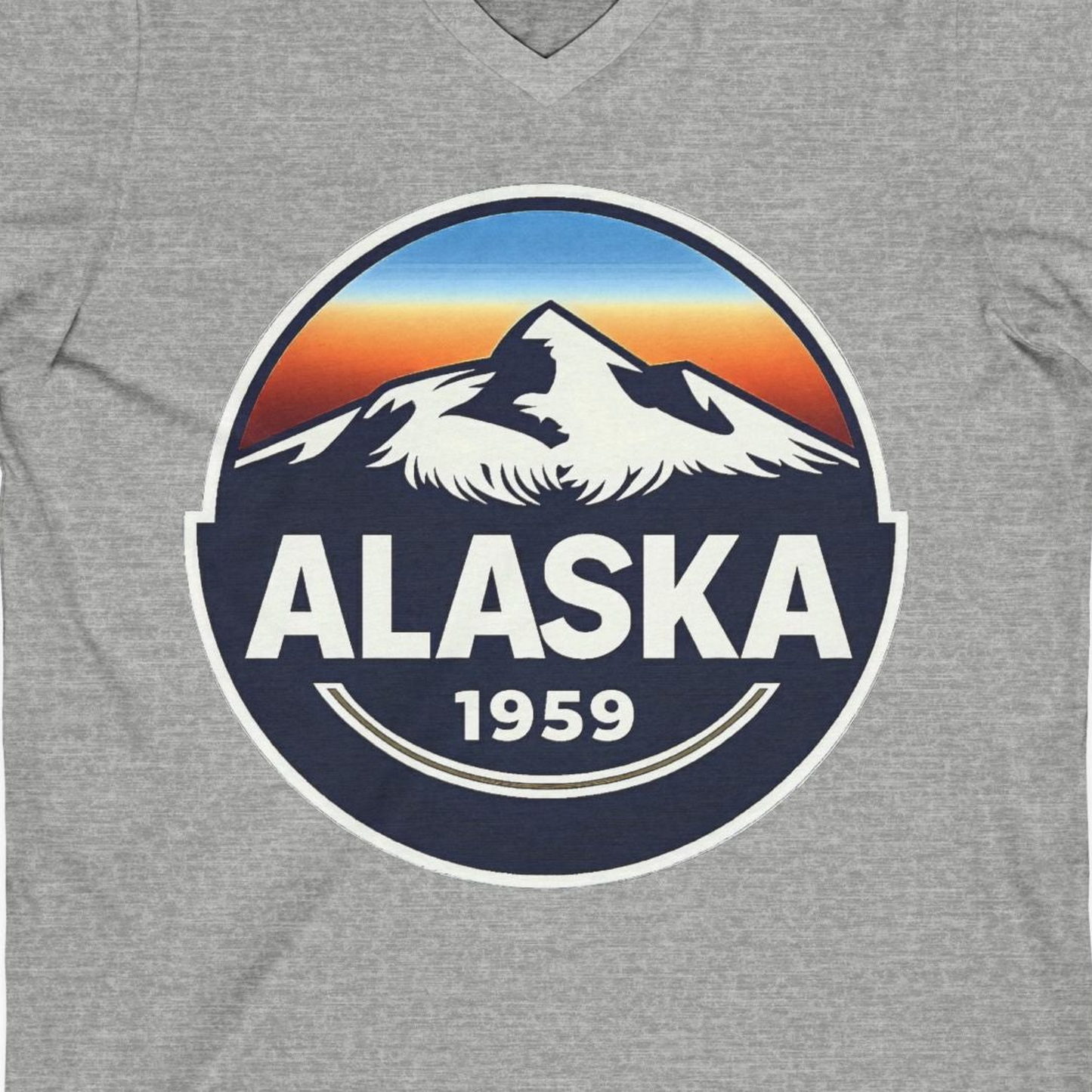 Alaska 1959 Retro Mountain Sunset Badge Shirt Vintage Statehood Tee — V-Neck V-Neck Shirt – Athletic Heather – Alaska Cruise Shirts Close Up