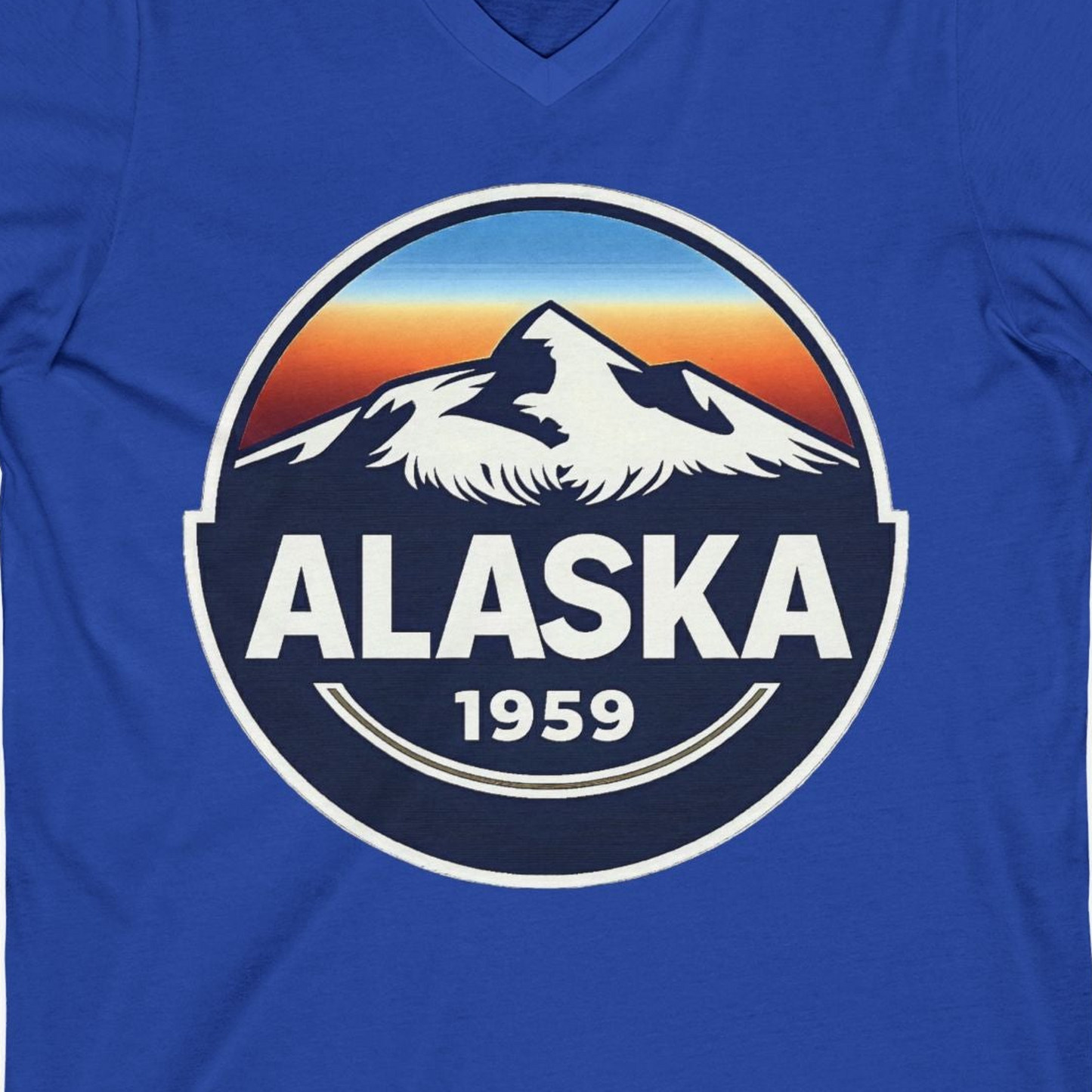 Alaska 1959 Retro Mountain Sunset Badge Shirt Vintage Statehood Tee — V-Neck V-Neck Shirt – True Royal – Alaska Cruise Shirts Close Up