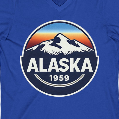 Alaska 1959 Retro Mountain Sunset Badge Shirt Vintage Statehood Tee — V-Neck V-Neck Shirt – True Royal – Alaska Cruise Shirts Close Up