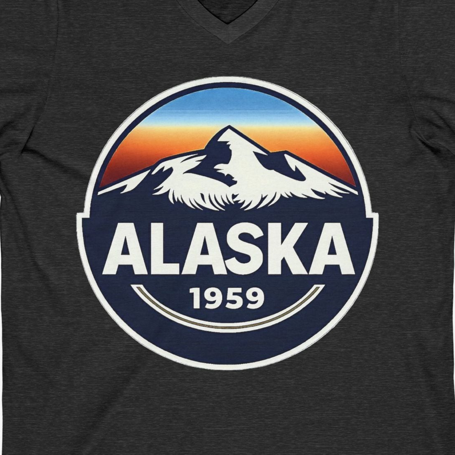Alaska 1959 Retro Mountain Sunset Badge Shirt Vintage Statehood Tee — V-Neck V-Neck Shirt – Dark Grey Heather – Alaska Cruise Shirts Close Up