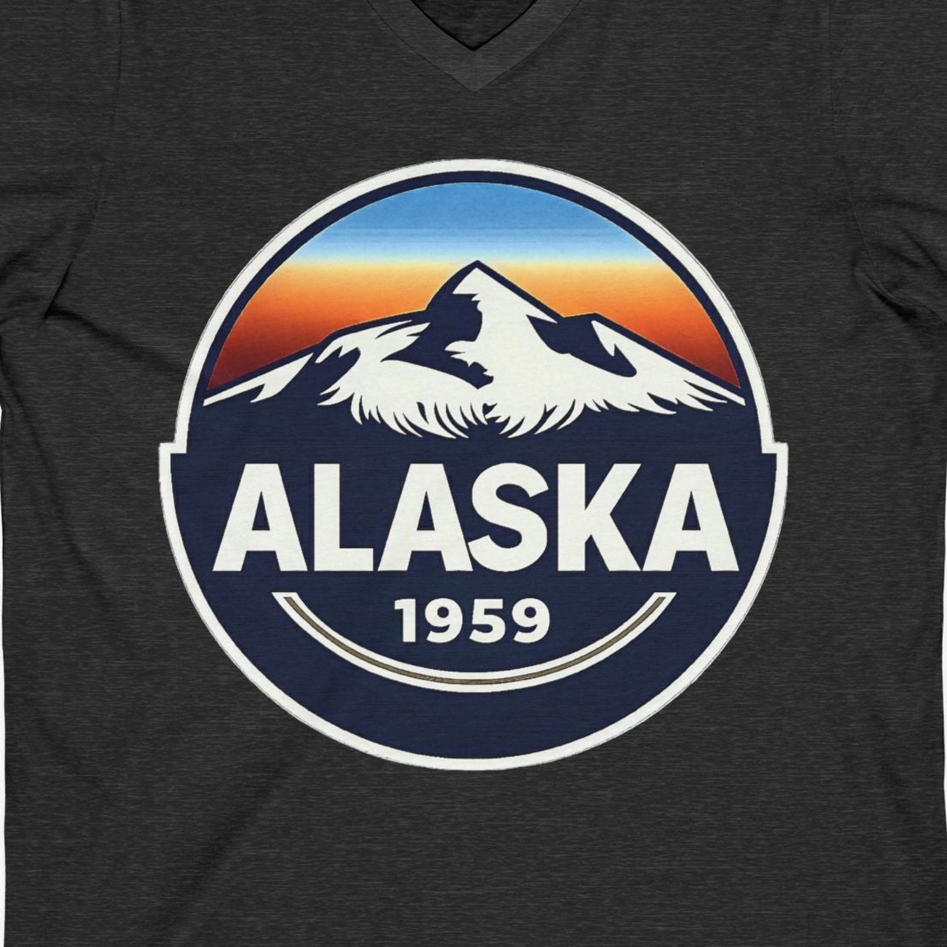 Alaska 1959 Retro Mountain Sunset Badge Shirt Vintage Statehood Tee — V-Neck V-Neck Shirt – Dark Grey Heather – Alaska Cruise Shirts Close Up