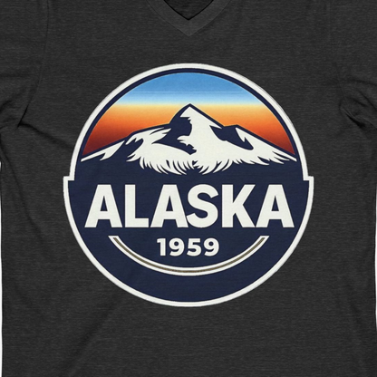 Alaska 1959 Retro Mountain Sunset Badge Shirt Vintage Statehood Tee — V-Neck V-Neck Shirt – Dark Grey Heather – Alaska Cruise Shirts Close Up