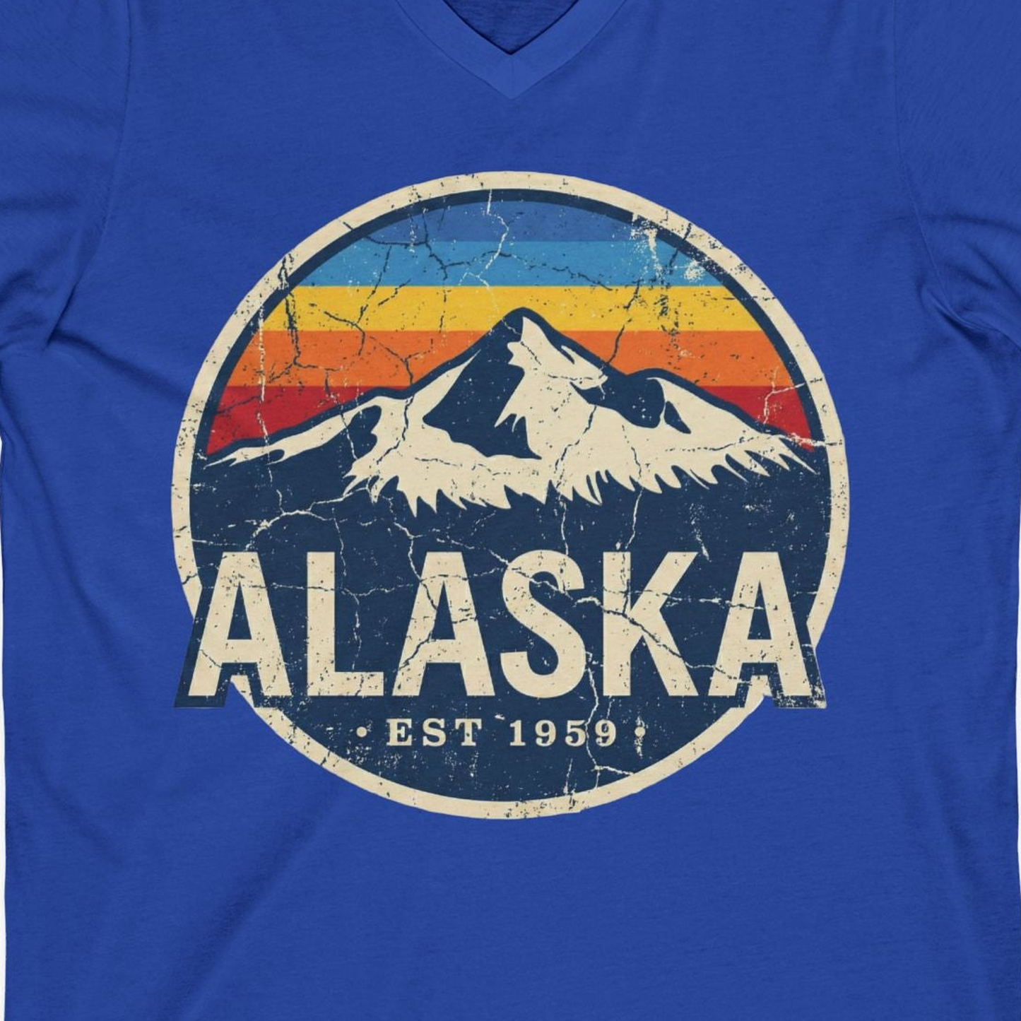 Alaska Vintage Shirt V-Neck Shirt – True Royal – Alaska Cruise Shirts Close Up