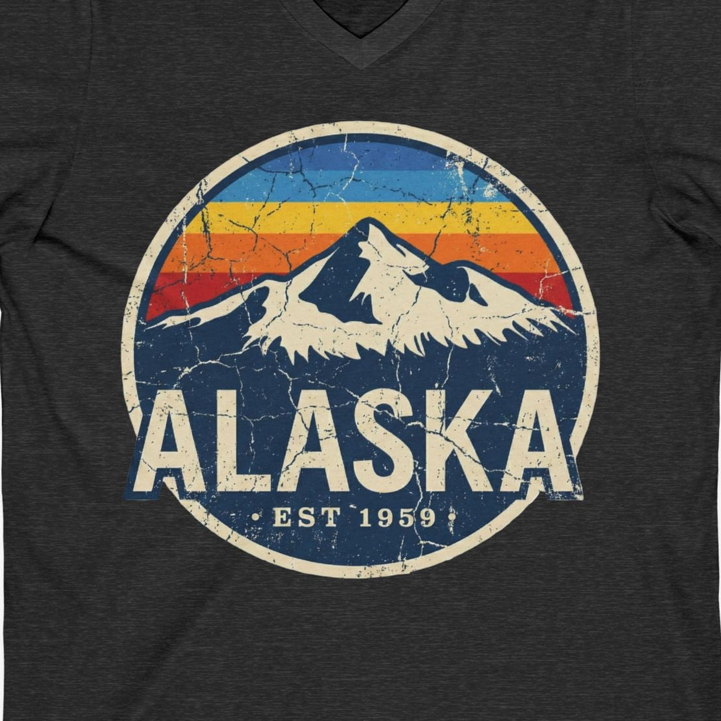 Alaska Vintage Shirt V-Neck Shirt – Dark Grey Heather – Alaska Cruise Shirts Close Up
