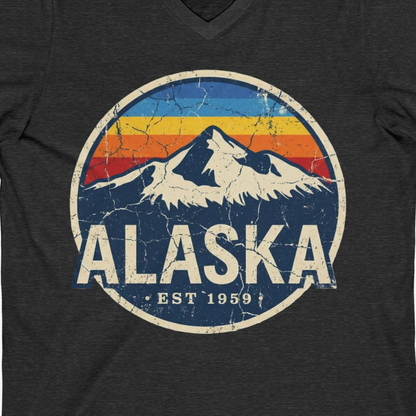 Alaska Vintage Shirt V-Neck Shirt – Dark Grey Heather – Alaska Cruise Shirts Close Up
