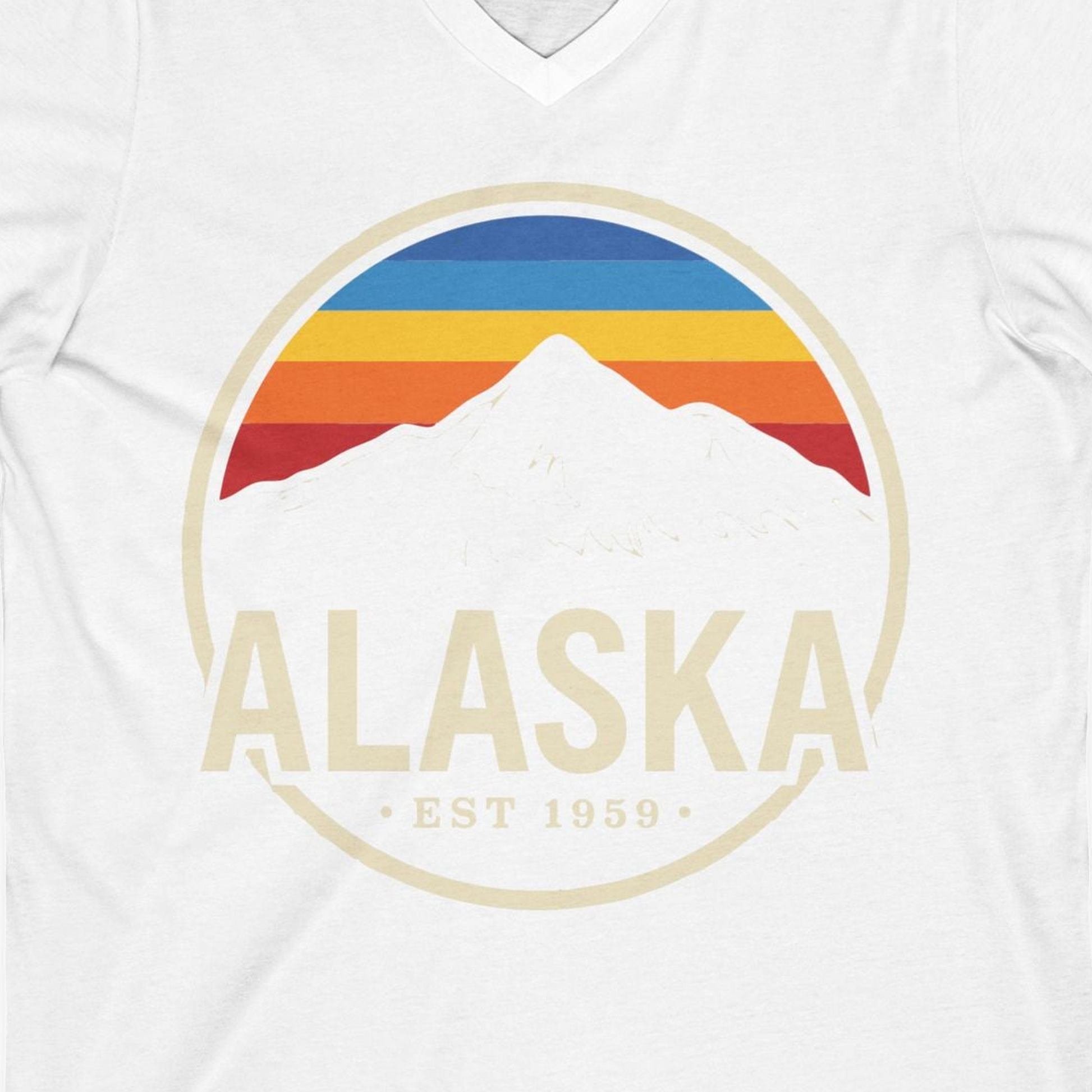 Alaska Vintage Mountain Sunset Shirt V-Neck Shirt – White – Alaska Cruise Shirts Close Up