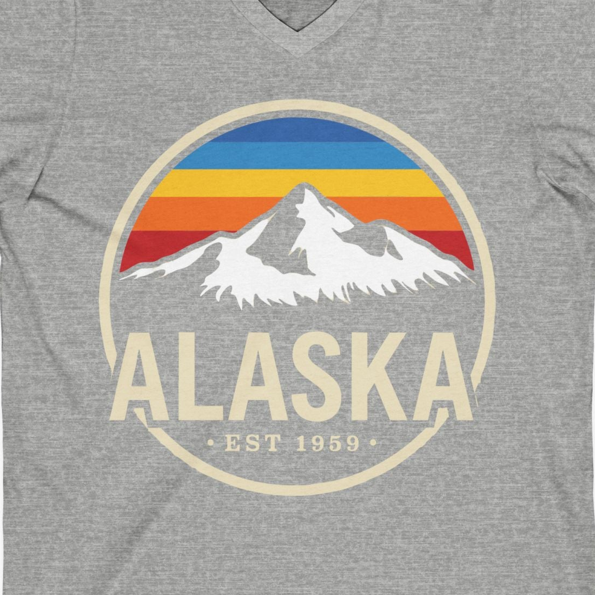 Alaska Vintage Mountain Sunset Shirt V-Neck Shirt – Athletic Heather – Alaska Cruise Shirts Close Up