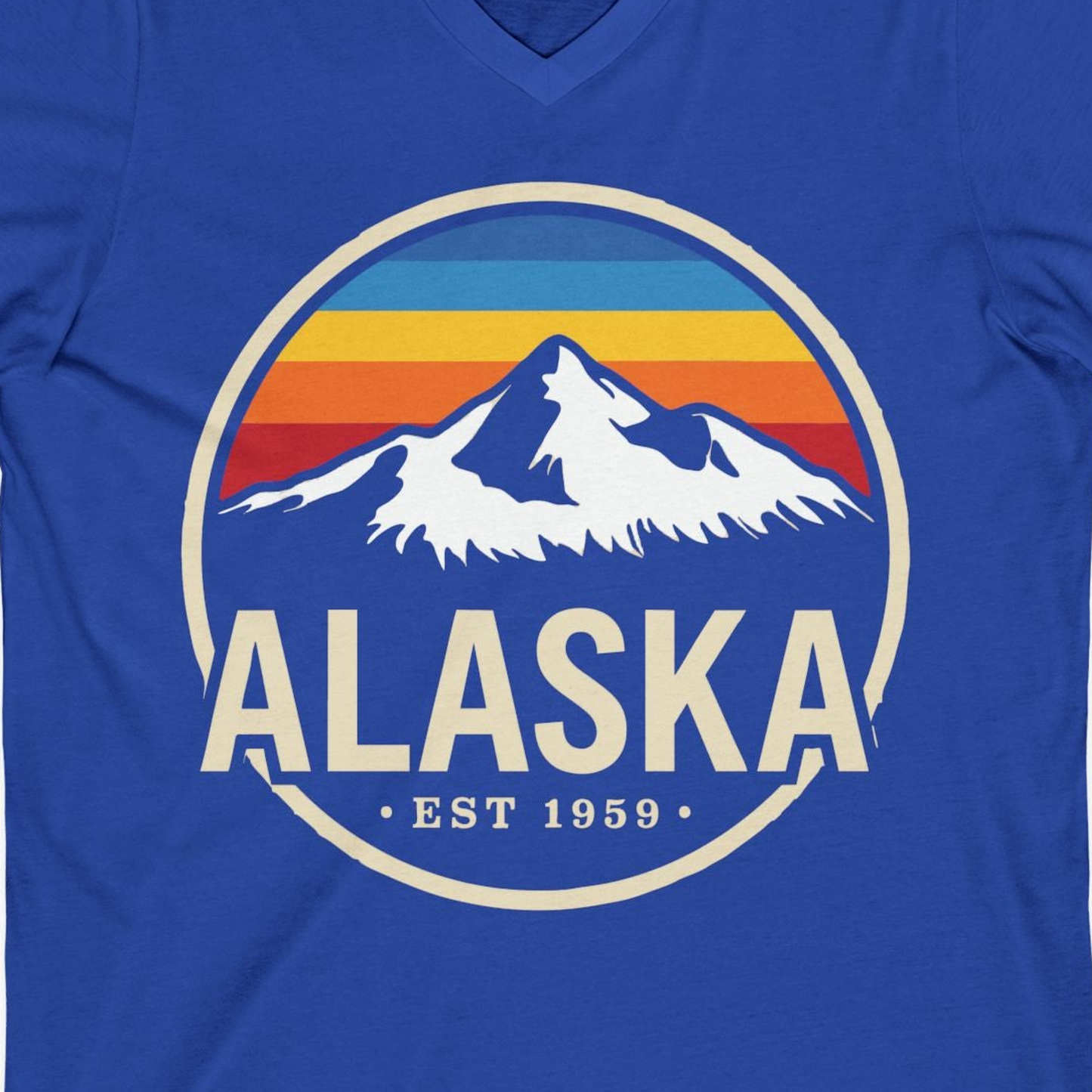Alaska Vintage Mountain Sunset Shirt V-Neck Shirt – True Royal – Alaska Cruise Shirts Close Up