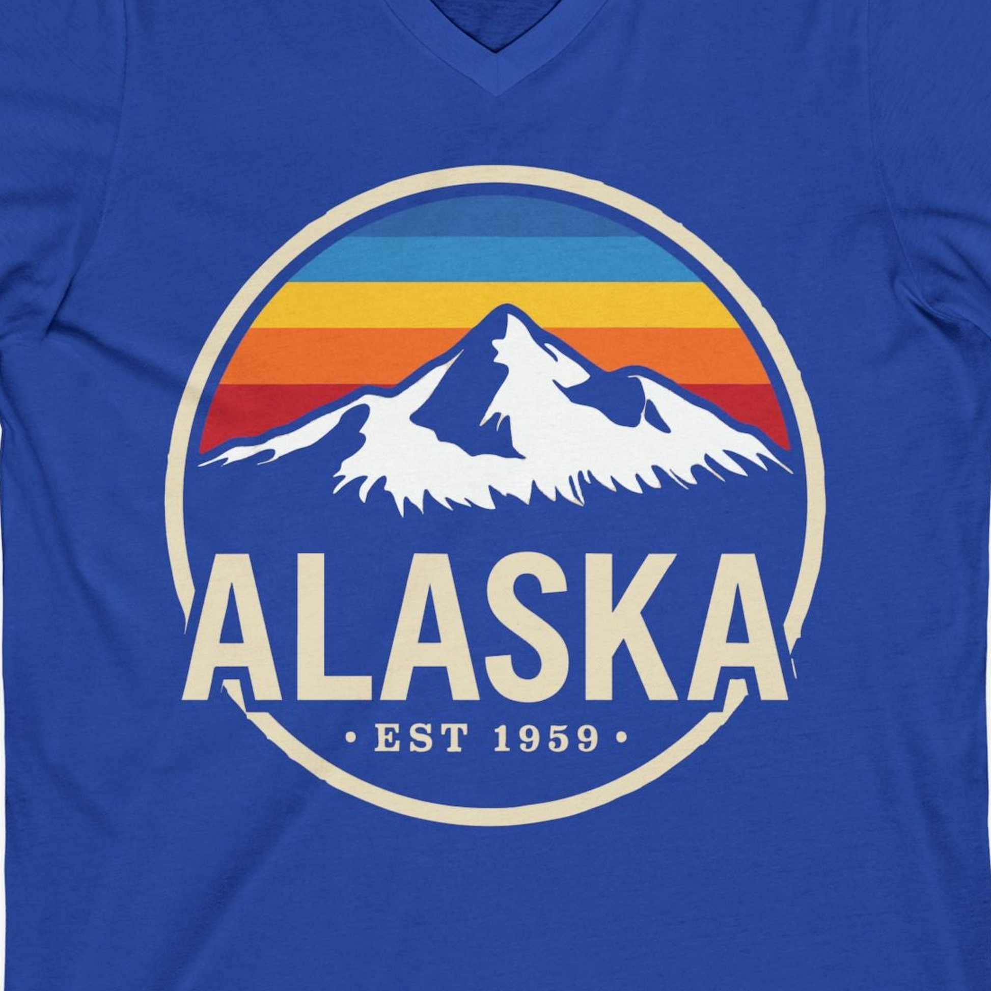 Alaska Vintage Mountain Sunset Shirt V-Neck Shirt – True Royal – Alaska Cruise Shirts Close Up