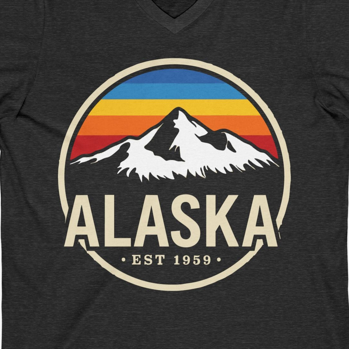 Alaska Vintage Mountain Sunset Shirt V-Neck Shirt – Dark Grey Heather – Alaska Cruise Shirts Close Up