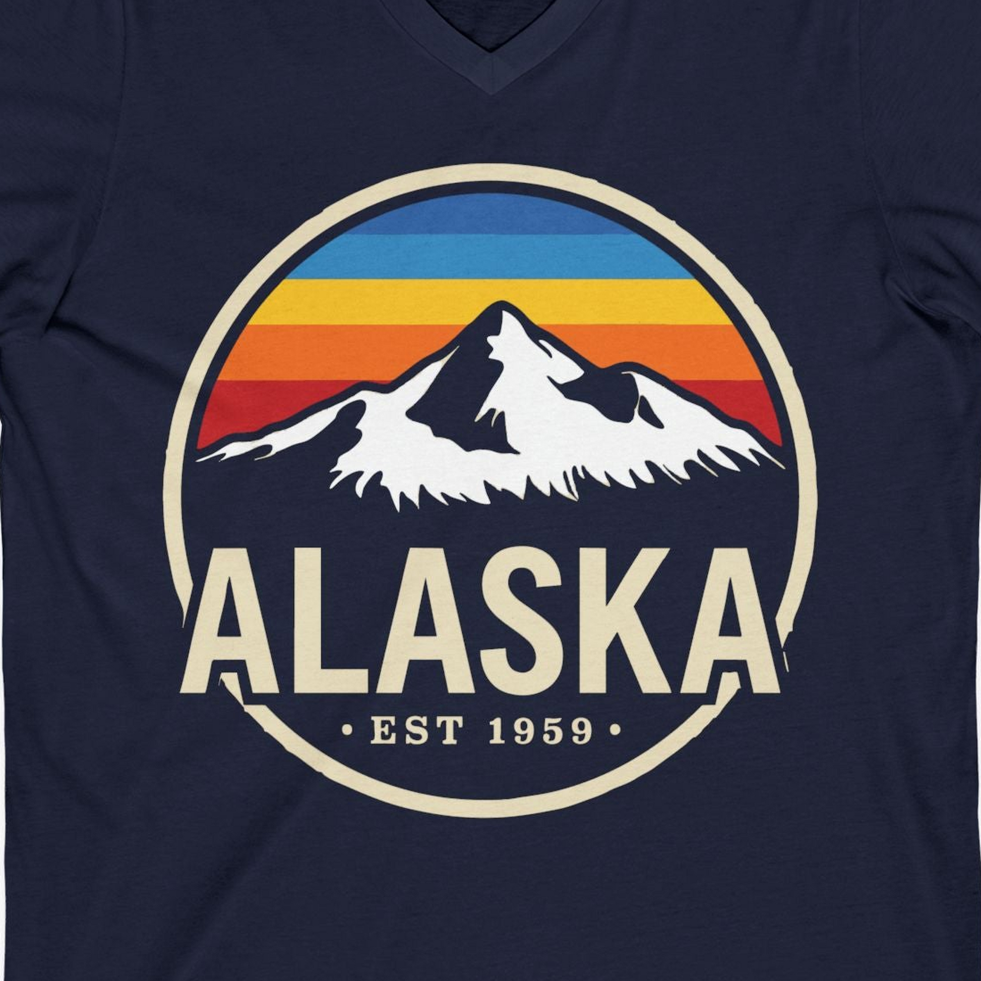 Alaska Vintage Mountain Sunset Shirt V-Neck Shirt – Navy – Alaska Cruise Shirts Close Up